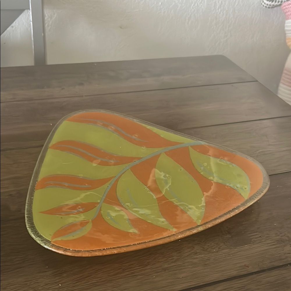 Peggy Karr Fuzion Art Glass – Orange & Green Leaves – Collectible Glass Plate
